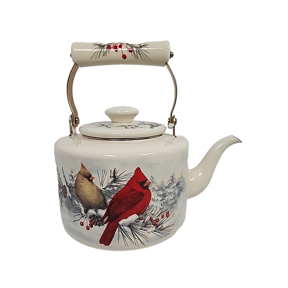 Lenox Winter Greetings Enamel Tea Kettle Cardinal Christmas Pot 6.25 6120521